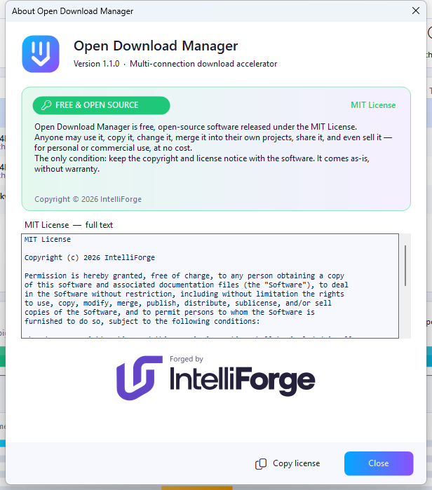About dialog with the MIT license