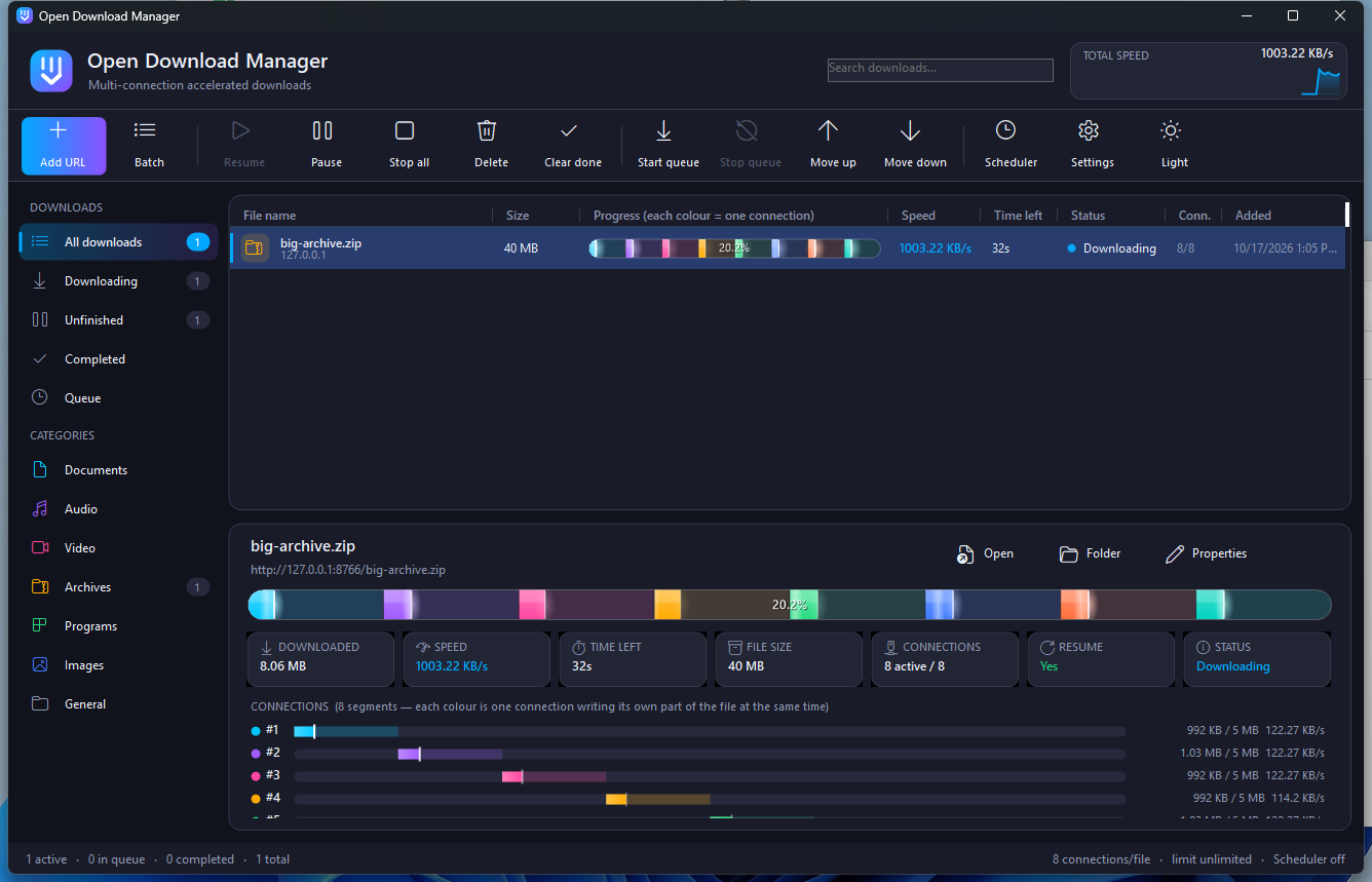 Open Download Manager main window, dark theme, showing one download with 8 parallel connections
